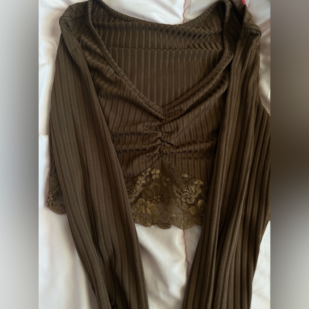 Brown Ribbed Long Sleeve Top with Lace Trim